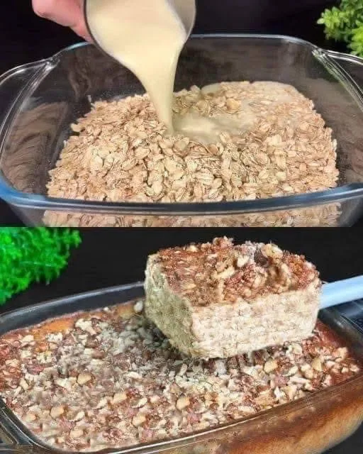 Healthy Breakfast Oatmeal with Scrambled Eggs, Walnuts, Apple & Banana