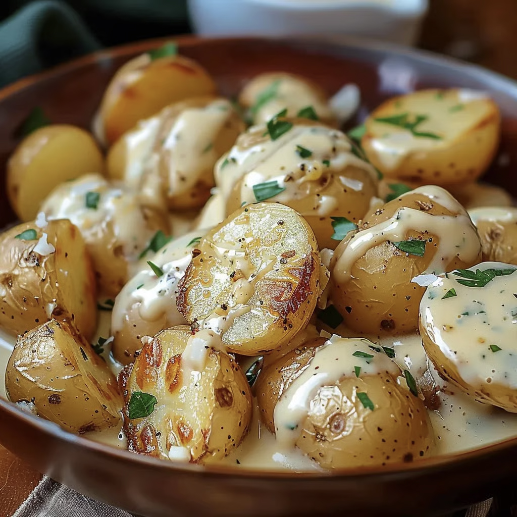 Light & Creamy Garlic Roasted Baby Potatoes — garlicky comfort without the guilt!
