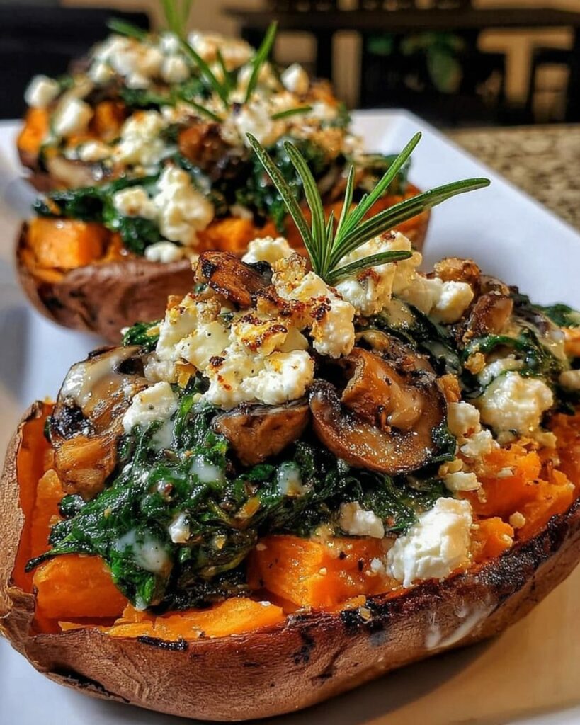 Ultra Low-Point Stuffed Sweet Potatoes with Mushrooms & Spinach (WW Friendly)